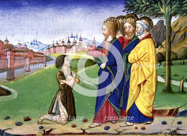 A leper approaches Jesus and asks him to cure the illness: Jesus agrees, miniature in the codex o…