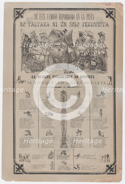 Broadsheet, on recto skeletons riding bicycles entitled 'From this famous hippodrome..., ca. 1900. Creator: José Guadalupe Posada.