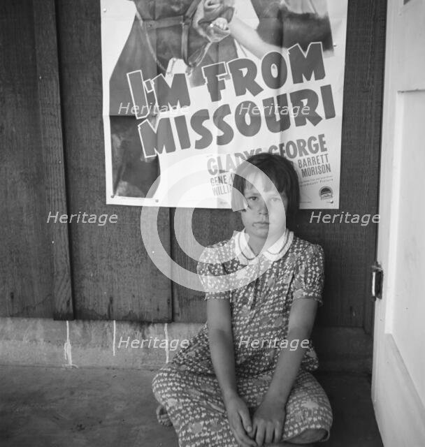 Advertisement for current movie in town, Westley, California, 1939. Creator: Dorothea Lange.