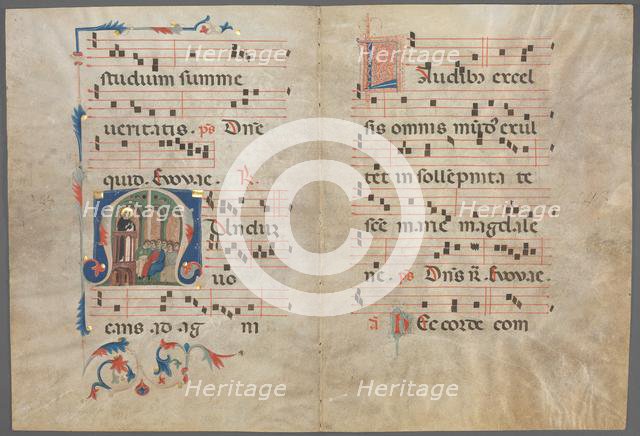 Bifolium from an Antiphonary: Initial M with Saint Dominic Preaching, c. 1320-1340. Creator: Primo Miniatore di San Domenico (Italian).
