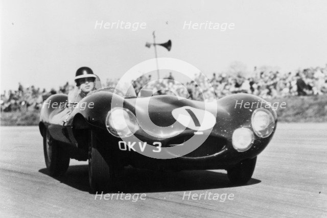 Mike Hawthorn driving a D Type Jaguar, c1955-c1956. Artist: Unknown