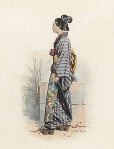 Japanese woman dressed in street clothes, color engraving 1870.