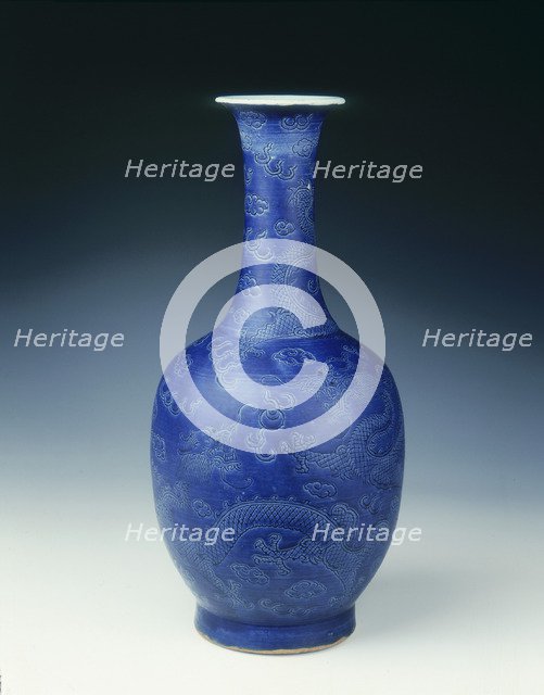 Blue glazed vase with incised dragons, Ming dynasty, China, c1645. Artist: Unknown