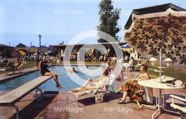 Guests relaxing by the swimming pool, 20th Century Motor Lodge, Glendora, California, USA, 1958. Artist: Unknown