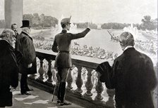 King Alfonso XIII of Spain (1886-1941) acclaimed in the gardens of Versailles, Paris (1905), engr…