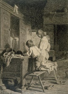 Interior with Three Boys Kneeling, c1850. Creator: Pierre Edouard Frere.