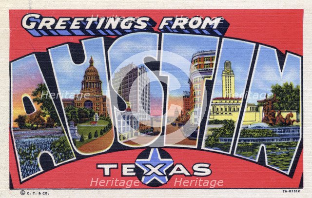 'Greetings from Austin, Texas', postcard, 1937. Artist: Unknown