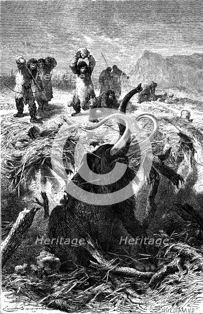 Mammoth Hunting in the Stone Age, engraving, 1900.