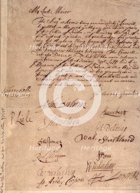 Order proclaiming Oliver Cromwell as Protector of England, 1653. Creator: Unknown.