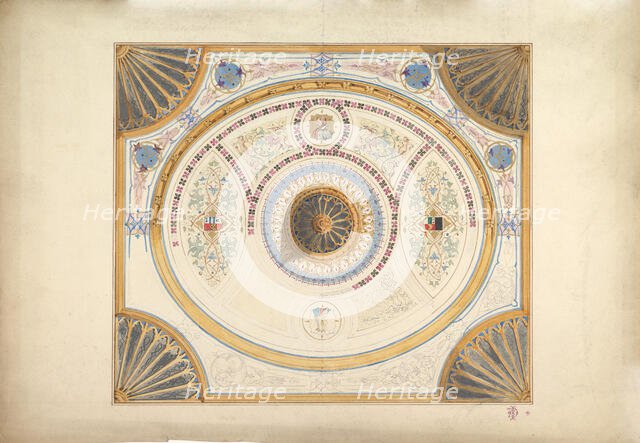 Design for Ceiling with Two Portraits and Fan Supports at Corners, 19th century. Creator: John Gregory Crace.
