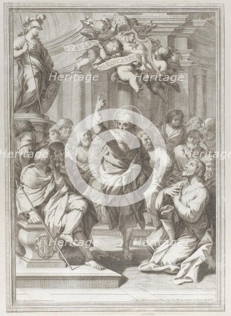 Saint Paul preaching at center, standing in a crowd in a columned interior, pointing ..., 1681-1725. Creator: Arnold van Westerhout.