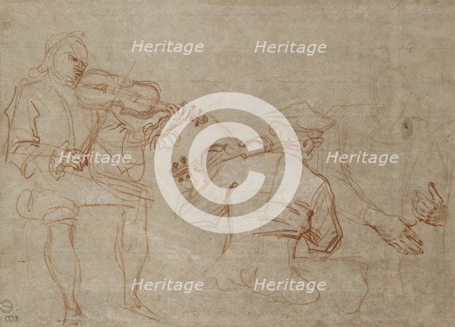 Study of two Violinists and a Pair of Hands, holding an Arm, on the right, about 1716. Artist: Jean-Antoine Watteau.