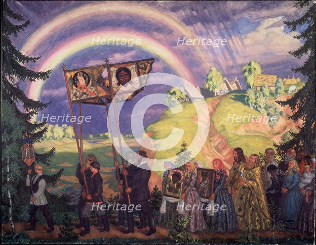 Easter procession, 1915. Artist: Kustodiev, Boris Michaylovich (1878-1927)