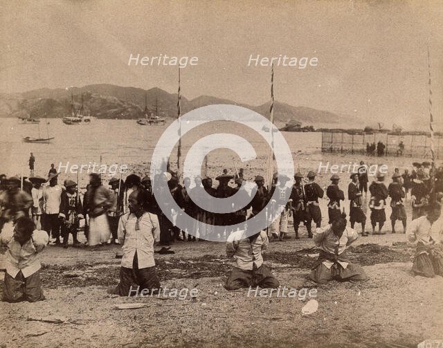Kowloon, Hong Kong: five pirates awaiting beheading, while Chinese soldiers and dignitaries..., 1891 Creator: Unknown.