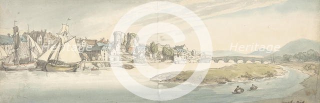 View of town on a river (Carwitham Castle), 1775-1827. Creator: Thomas Rowlandson.