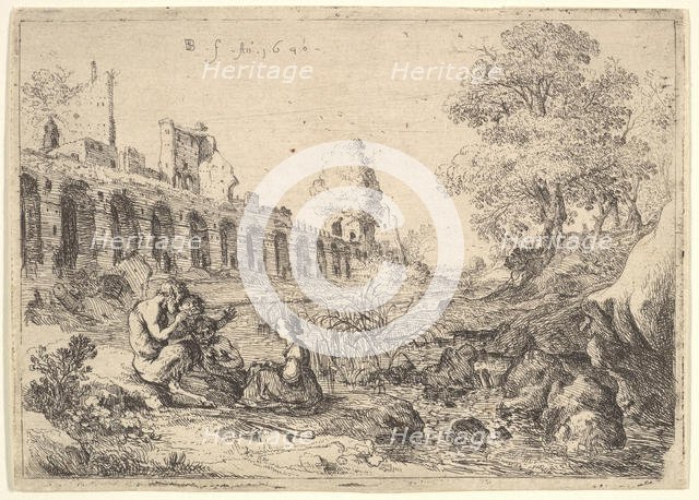 Corsica seated before satyrs on the bank of a river, from a pair of plates for Battista Gu..., 1640. Creator: Bartholomeus Breenbergh.