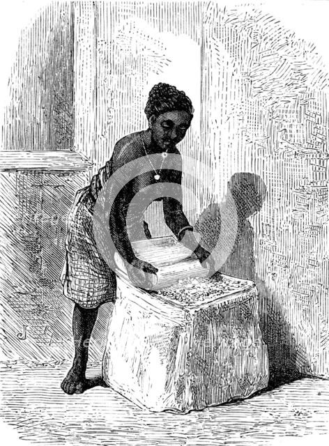 The Gold Coast and Ashantee War: woman grinding corn at Accra, 1873. Creator: Unknown.
