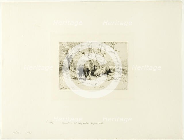 Sheep and Five Trees, 1868. Creator: Charles Emile Jacque.