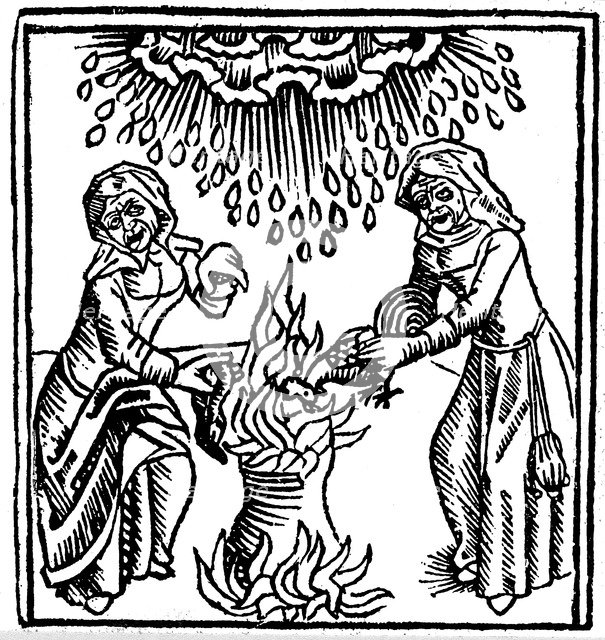 Witches casting a spell to bring rain, 1489. Artist: Unknown