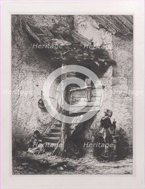 Stairs and Woman Churning, 1845. Creator: Charles Emile Jacque.