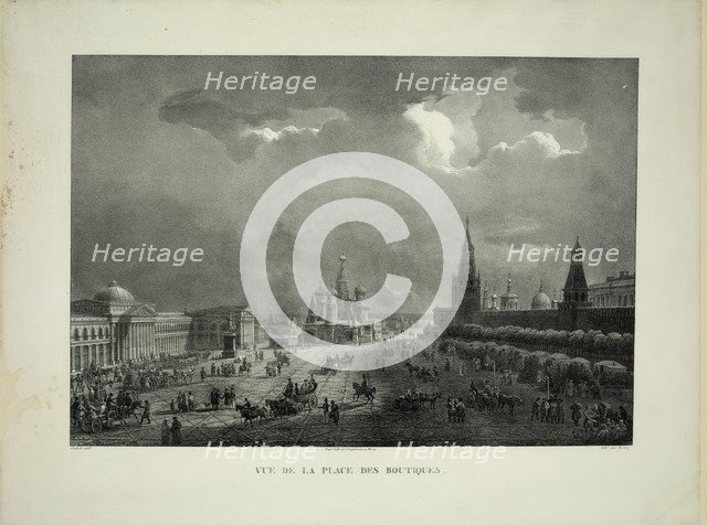 Upper Trading Rows at the Red Square in Moscow, c. 1830. Artist: Cadolle, Auguste Jean Baptiste Antoine (1782-1849)