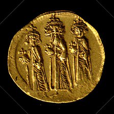 Solidus of Heraclius, Heraclius Constantine, and Heraclonas, Byzantine, 638-641. Creator: Unknown.