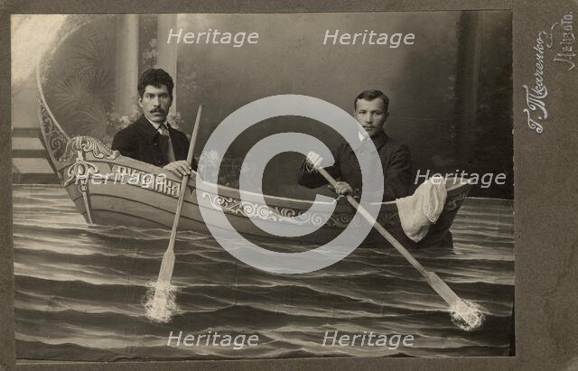 Two Men in the Boat "Rusalka" ("Mermaid"), 1916. Creator: G. I. Tkachenko.