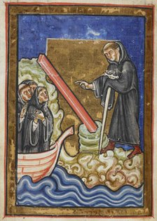 Cuthbert discovers the piece of timber washed up with the tide...last quarter 12th century. Creator: Anon.