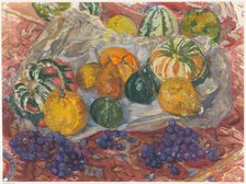Still life of pumpkins and grapes on a rug, 1872-1950. Creator: Barbara Elisabeth van Houten.
