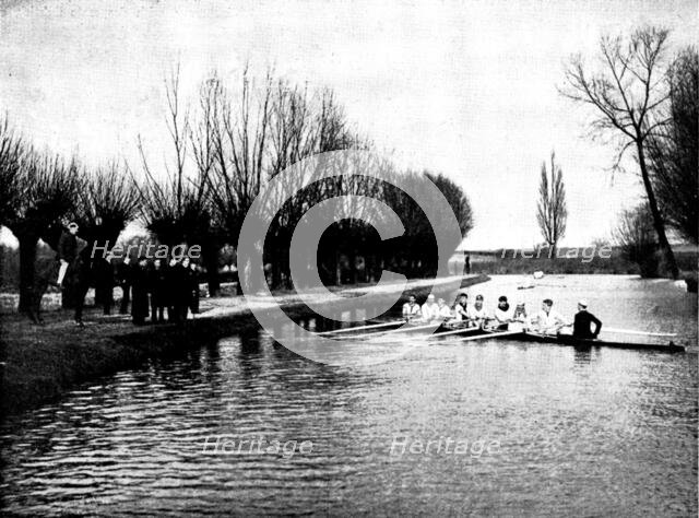 The Universities' Boat-Race: the Cambridge crew at practice - a word of advice from the coach, 1895. Creator: Stearn.
