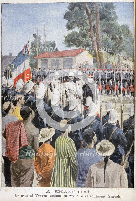 General Voyron reviewing French troops, Shanghai, 1900. Artist: Unknown