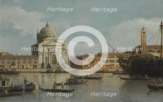 Venice, a view of the Churches of the Redentore and San Giacomo, with a moored Man-of-war, gondolas 