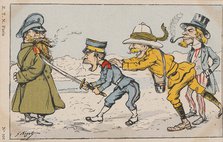 Japanese soldier challenging Russian soldier, urged on by an Englishman and Uncle Sam.