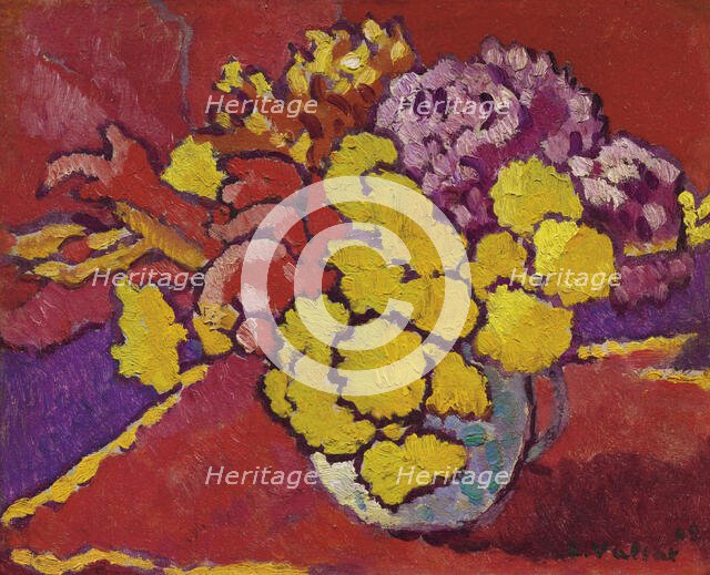 Yellow flowers, red drapery (Fleurs jaunes, draperie rouge) , 1944. Creator: Valtat, Louis (1869-1952).