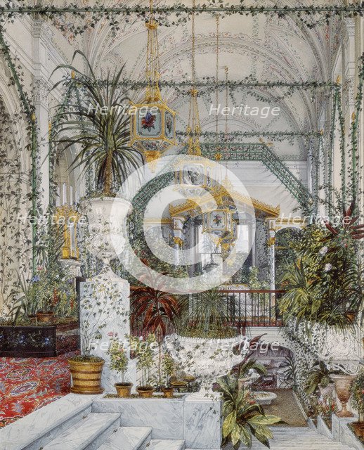 Interiors of the Winter Palace. The Winter Garden of Empress Alexandra Fyodorovna, 1860s. Artist: Ukhtomsky, Konstantin Andreyevich (1818-1881)