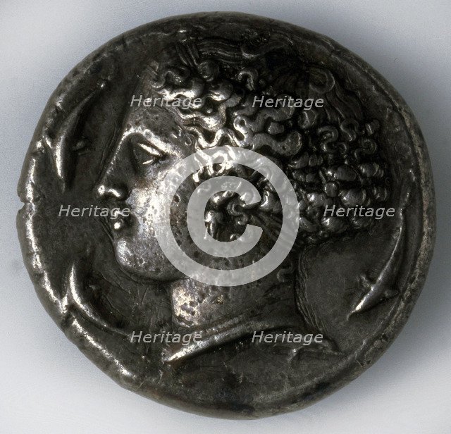 Silver tetradrachma from Syracuse (obverse: a goddess with dolphins), 5th-4th century BC. Artist: Unknown