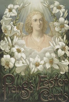 Poster with the following text, "Prang's Easter Cards", depicting an angel and lilies., c1865 - 1899 Creator: Louis Prang.