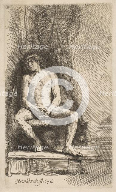 Nude Man Seated before a Curtain, 1646. Creator: Rembrandt Harmensz van Rijn.