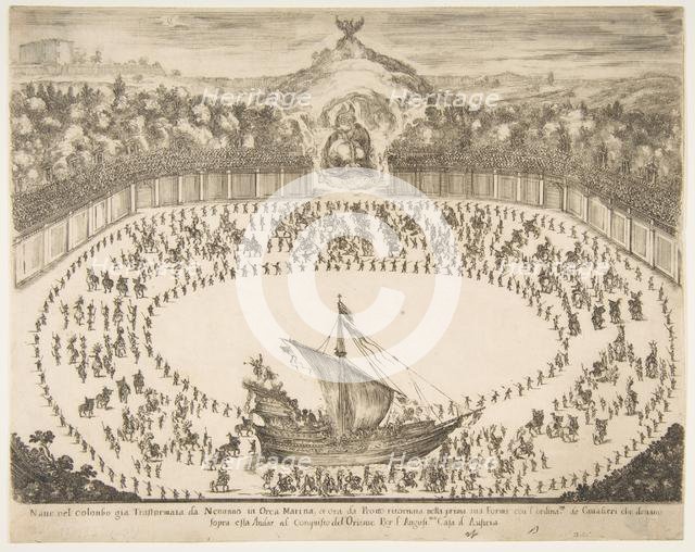 Parade float in the form of a ship, coat of arms of the Grand Duke of Modena at top, 1652. Creator: Stefano della Bella.