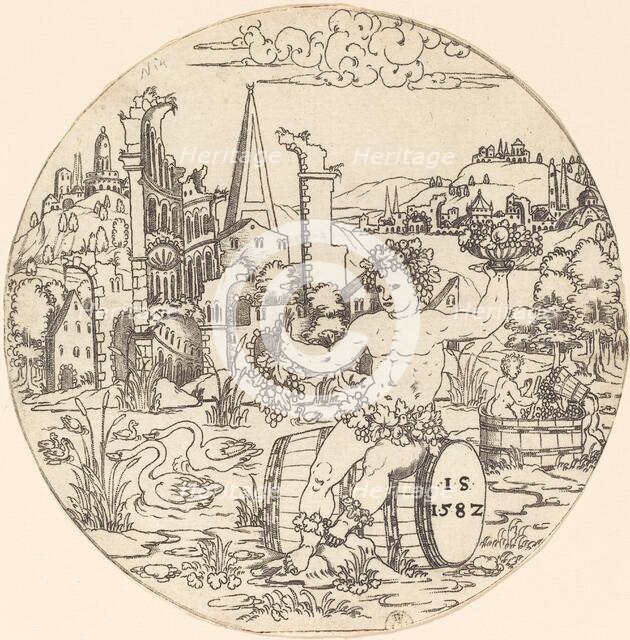 Bacchus Seated in a Landscape, 1582. Creator: Master I.S..