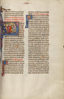 Initial N: Two Men before a Judge While a Third Man Builds a Mill; Vidal Mayor, about 1290-1310. Creator: Unknown.