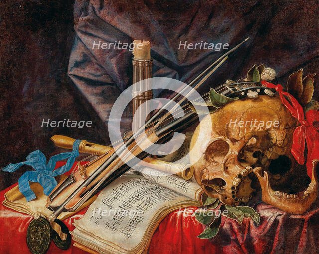 Vanitas still life with viola, clarinet, skull, scores and candle. Creator: Renard de Saint-André, Simon (1614-1677).