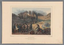 Group of soldiers file through an opening in the palisade, 1832, (1833).  Creator: Auguste Raffet.