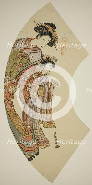 The Courtesan Hanaogi of the Ogiya and her attendant, from the series "Fans of the..., c. 1777/78. Creator: Isoda Koryusai.