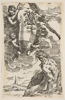 Allegory of the Foglia River with the city of Pesaro's coat of arms, frontispiece for ..., ca. 1639. Creator: Simone Cantarini.