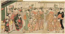 Courtesans of Yoshiwara and their attendants viewing the peonies on Nakanocho, c. 1787. Creator: Torii Kiyonaga.