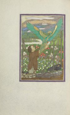 A Hunter Kneeling in a Meadow and Releasing Captive Birds; Story of a Hunter, 1908. Creator: Florence Kingsford Cockerell.