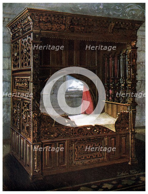 Carved oak bedstead of Jeanne d'Albret, 1910.Artist: Edwin Foley