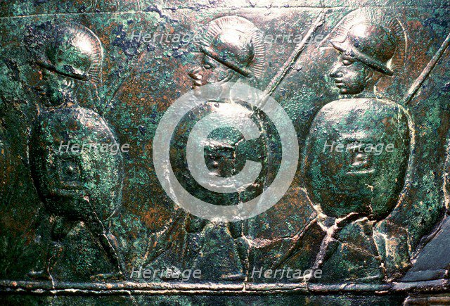 Detail of a bronze situala with Etruscan soldiers, 5th century BC. Artist: Unknown