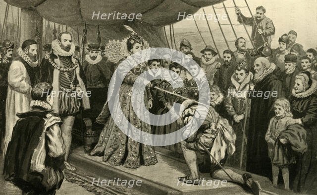 'Queen Elizabeth Knighting Sir Francis Drake', (1902).  Creator: Unknown.
